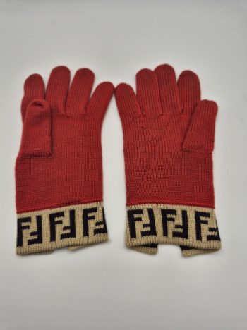 Fendi Guanti in Lana Rosso Logo FF